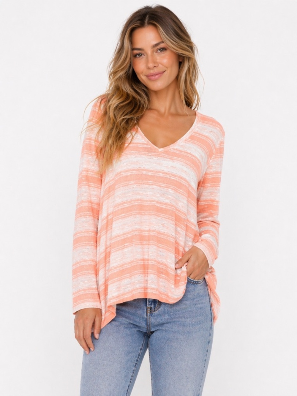 Lily White Peach White Striped Sweater Top Small Lightweight Slub Knit Beachy